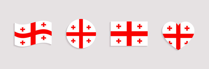 Sakartvelo flag vector set. Geometric shapes. Georgia national symbols collection. Web, national, travel, patriotic design elements. rectangle, round, love heart and waved flagstaff isolated icons.