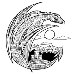 Dragon and a castle. Huge dragon flies above a fortress with mountains and forest at the background. Black and white fantasy vector illustration.