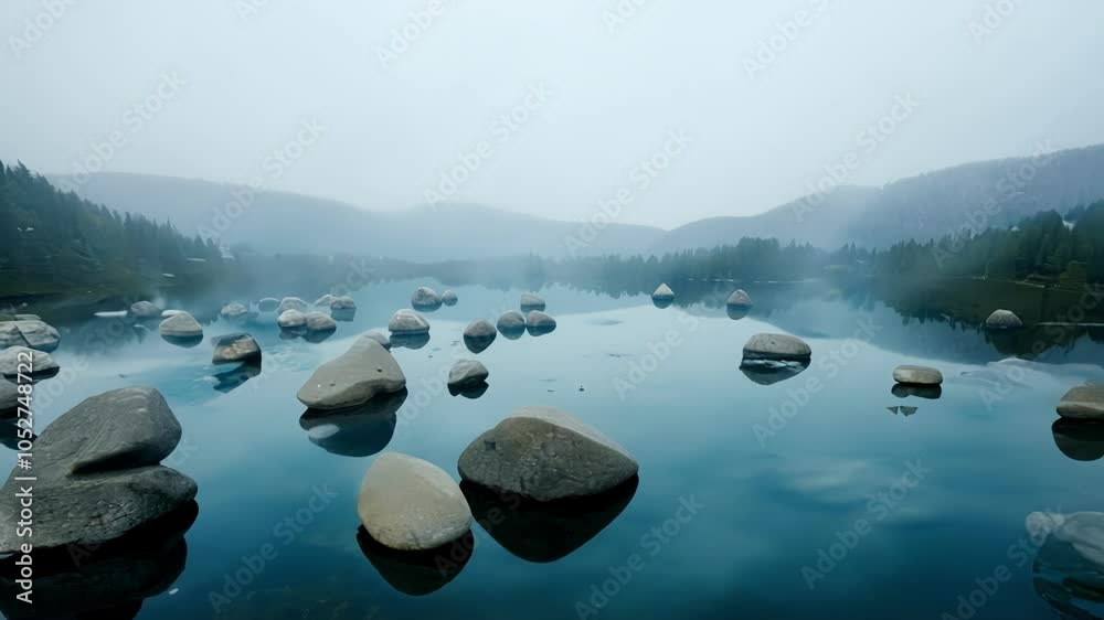 Poster Fog hangs over a mountain lake, creating a surreal atmosphere. The same scene repeats, with rocks seemingly multiplying on the lake's surface