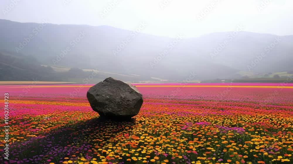 Poster sunlight illuminates a surreal landscape with a rock sitting in a field of colorful flowers and mist