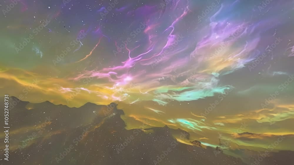 Poster mountainscape features an aurora borealis gradually transforming into a surreal landscape, showcasin