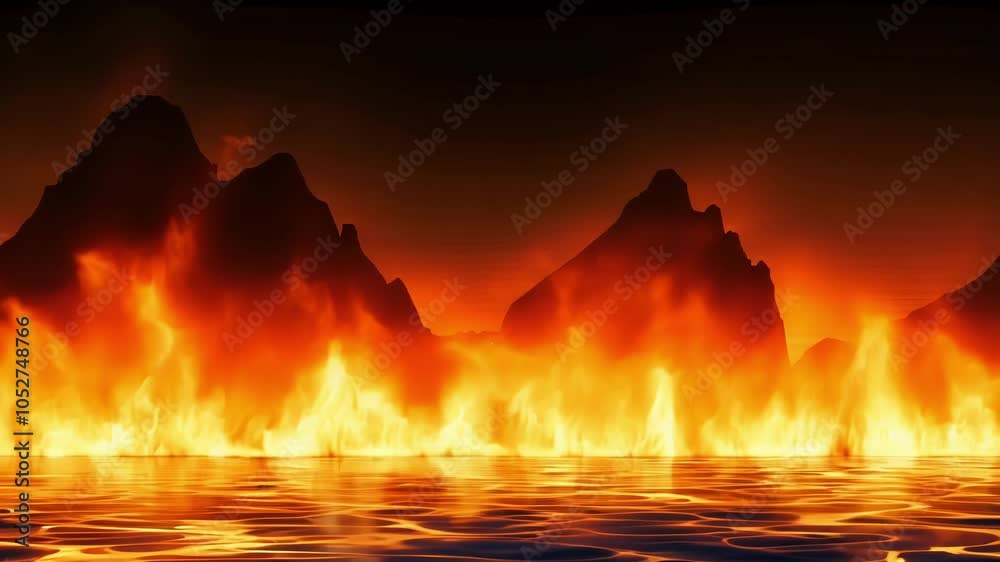 Poster surreal flames engulf mountains, casting a mesmerizing reflection on the water's surface. an ominous