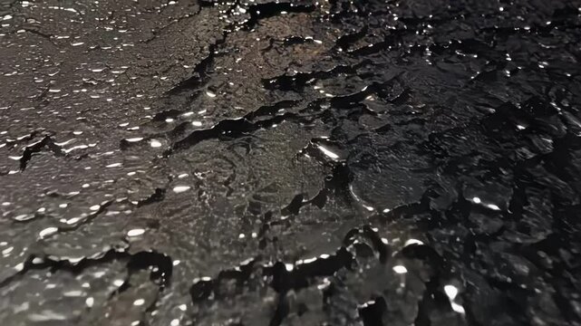 Black liquid surface reflecting light, forming abstract shapes. Ideal for projects related to oil, pollution, nature, and surreal concepts