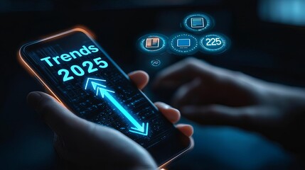 Obraz premium Business Plan 2025 Strategy Person holding a phone in one hand with a futuristic glowing 