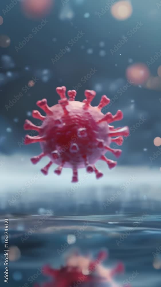 Aufkleber Microscopic view of a monkeypox virus floating over a water surface and reflecting on it, causing monkeypox infection, with other viruses floating in the background