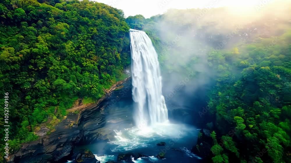 Fototapete mesmerizing waterfall cascades down a lush mountainside, its powerful descent creating a sense of aw