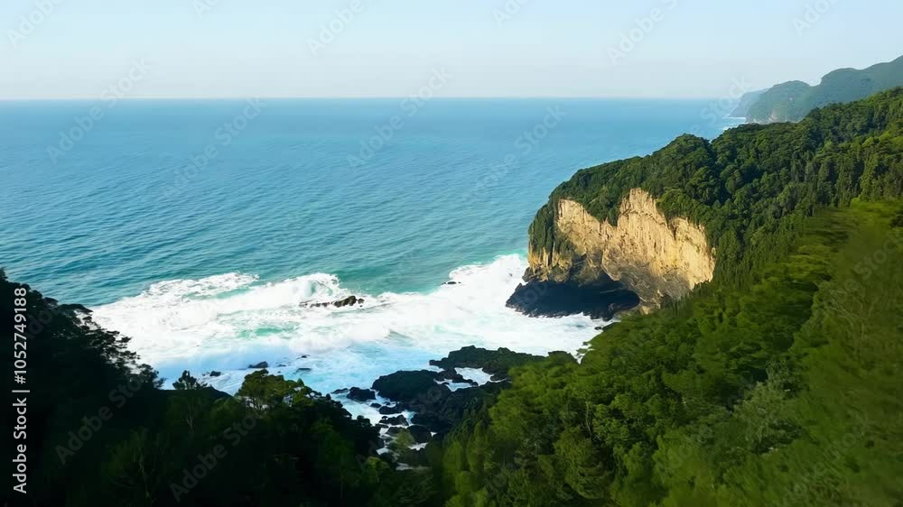 Poster lush green forest meets a rocky cliffside where foamy ocean waves crash against the shore. this surr