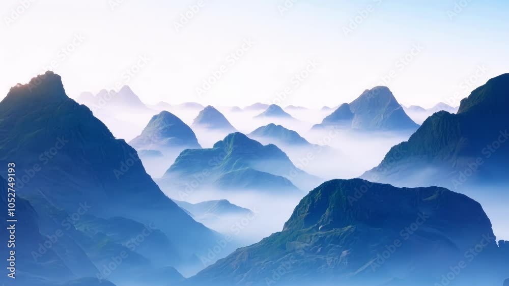 Poster Surreal landscapes showcase a mountain range transitioning from purple to blue, enveloped in a mysterious fog that blankets the valley, creating an enchanting and tranquil atmosphere