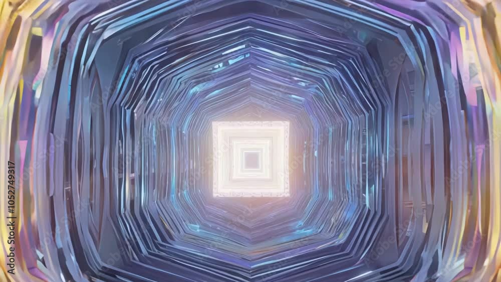 Poster Light is changing inside a futuristic glowing tunnel with a square shape. This surreal animation is looping and ideal for vjjing