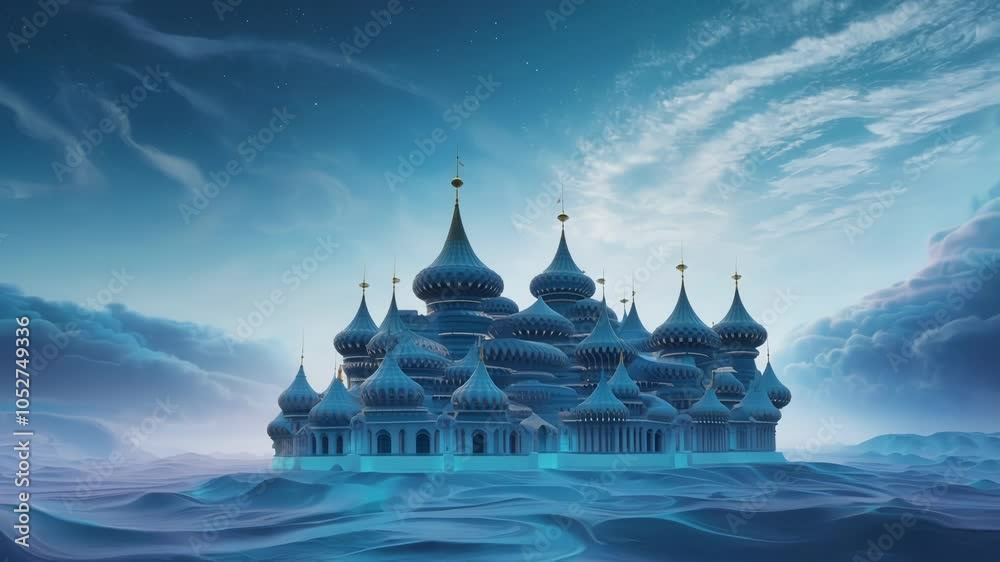 Poster blue castle with gold accents is partially submerged in a frozen sea, with subtle shifts in the clou