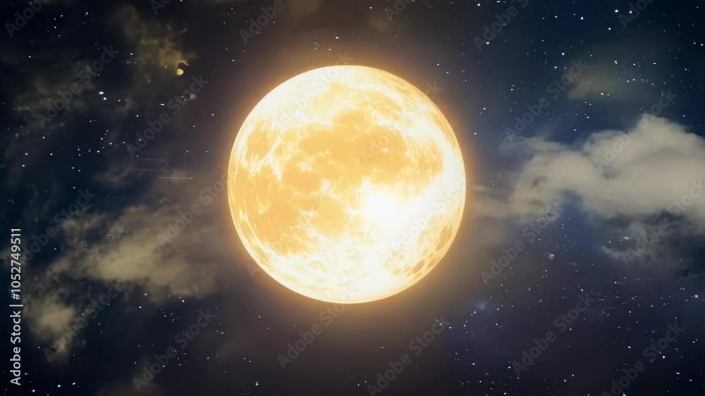 Poster Surreal full moon illuminates the night sky, casting a soft glow through moving clouds. A captivating blend of celestial beauty and atmospheric wonder creates a magical scene