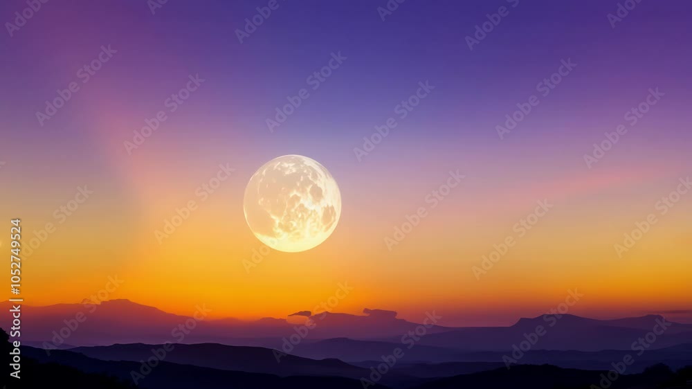 Aufkleber Surreal sunset with a big moon rising in the sky. The colors are vibrant and the moon is very large, creating a strange and beautiful atmosphere