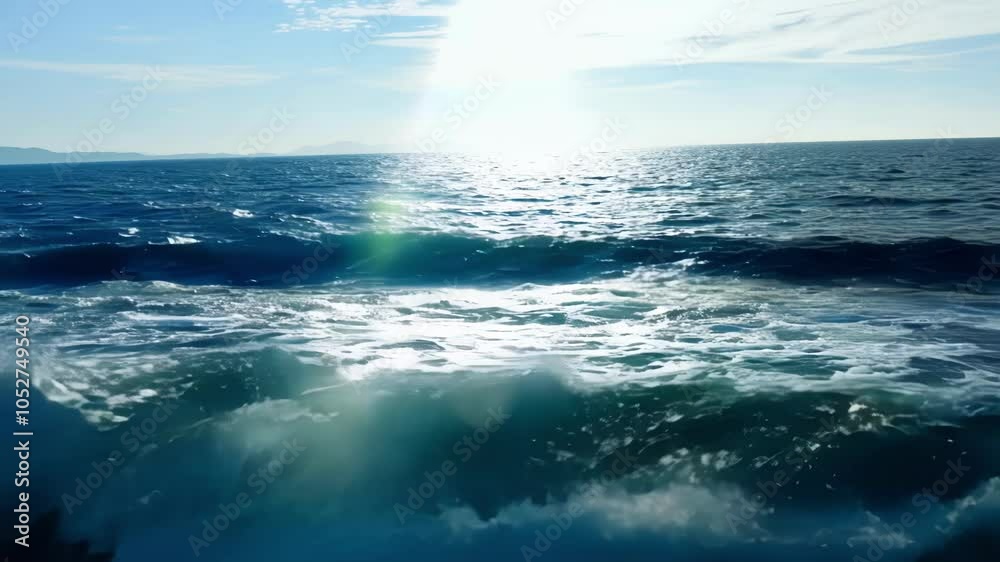 Poster Sunlight creates a lens flare as waves crash in the deep blue ocean. This surreal collage shows a slightly different perspective in each frame