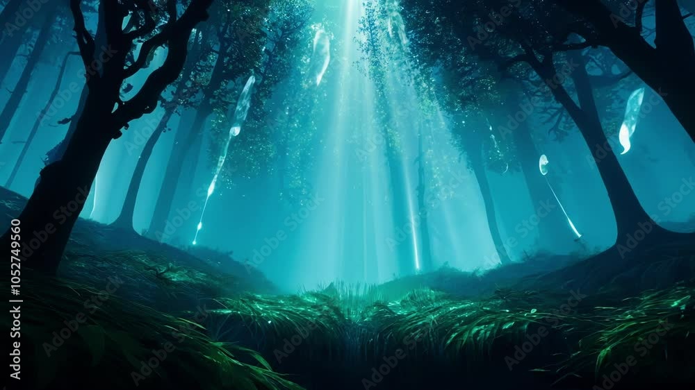Aufkleber Surreal light rays shine through a foggy forest canopy, illuminating the scene. White particles float gently in the air, creating a magical and tranquil atmosphere