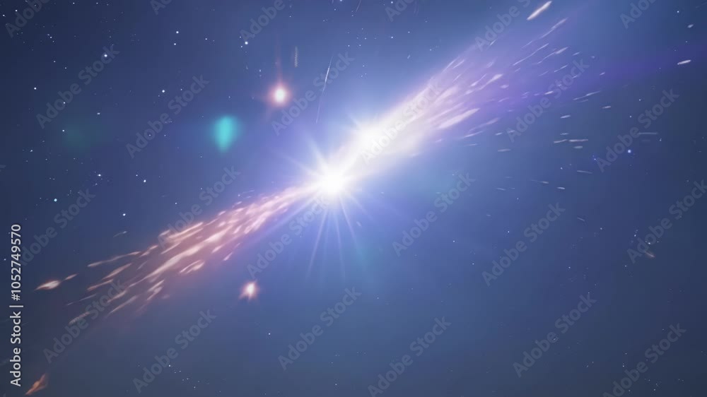 Poster particles fly away from bright light source traveling through space. this surreal animation is perfe