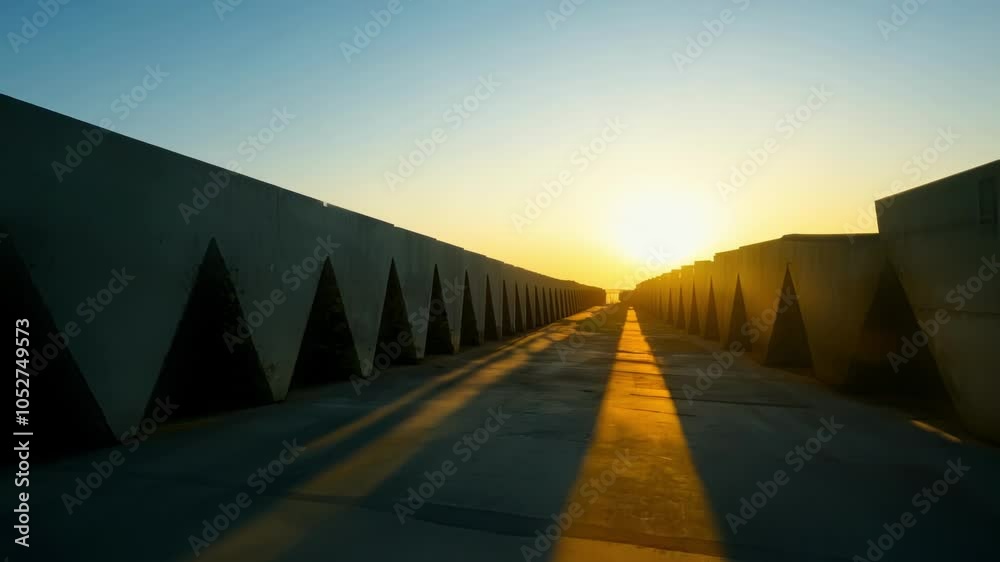 Aufkleber Sunrise between tall concrete walls casts long shadows on the ground, creating a surreal atmosphere. Abstract architecture showcases striking geometry and modern design elements
