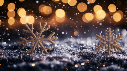 Obraz premium Golden snowflakes against a dark winter sky with sparkling lights
