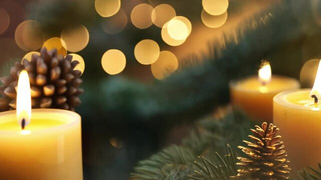 Merry Christmas 4k background, Christmas tree and candles at New Years eve animation, New Year and Christmas eve social media motion background. 