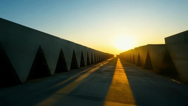 Sunrise between tall concrete walls casts long shadows on the ground, creating a surreal atmosphere. Abstract architecture showcases striking geometry and modern design elements