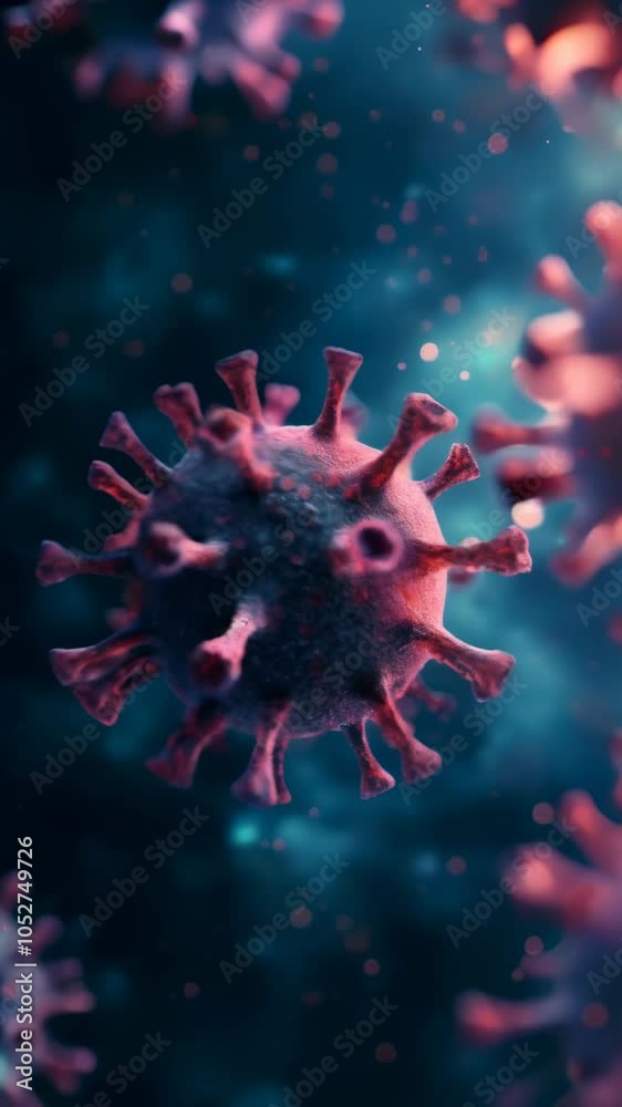 Poster Microscopic view of virus cells, possibly monkeypox or coronavirus, floating in a dark environment with glowing particles, creating a dramatic and unsettling atmosphere