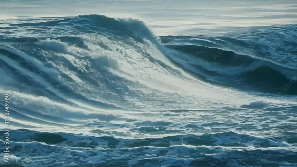 Poster Powerful ocean waves form and crash in slow motion, showcasing the beautiful energy of nature. A surreal sequence captures the dynamic interplay of water and foam