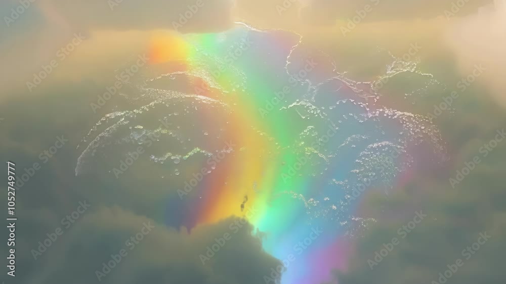 Aufkleber surreal imagery showcases a rainbow flowing upwards from fluffy clouds into a bright sky, creating a