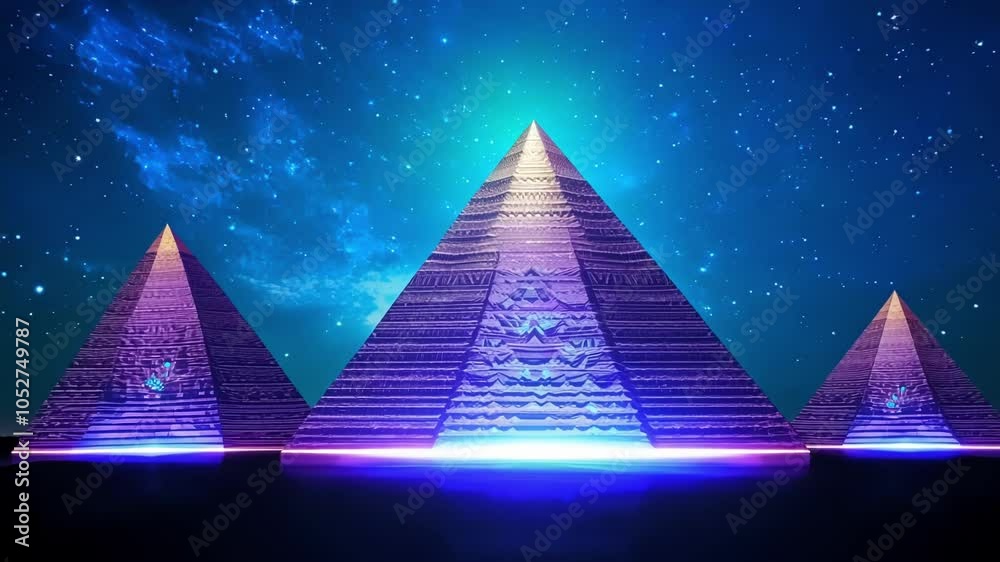 Poster surreal imagery showcases glowing pyramids emitting a vibrant light beam beneath the milky way. this