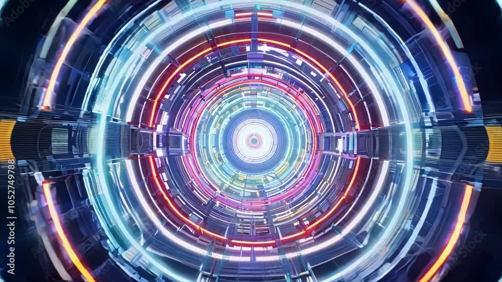 Aufkleber Camera moving forward through glowing digital tunnel changing colors with seamless looping 3d animation. Perfect to illustrate concepts about technology, future, metaverse or science fiction
