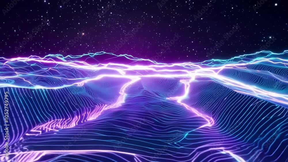 Poster surreal abstract landscape with glowing neon lines forming a digital terrain, slowly changing under 