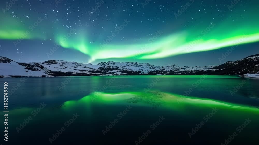 Poster surreal green and blue aurora borealis reflecting on the surface of a lake surrounded by snowy mount