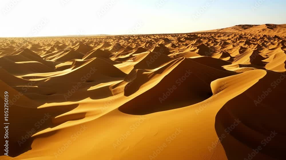 Poster sunlight illuminating vast golden sand dunes creates long shadows and accentuates the undulating pat