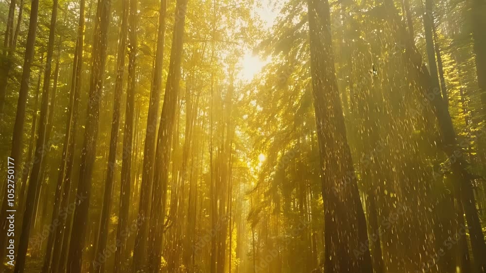 Poster golden sunlight filtering through a misty forest canopy creates a surreal and magical atmosphere, il