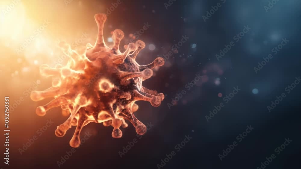 Poster microscopic view of a coronavirus particle floating, possibly representing sars cov 2, covid 19, or 