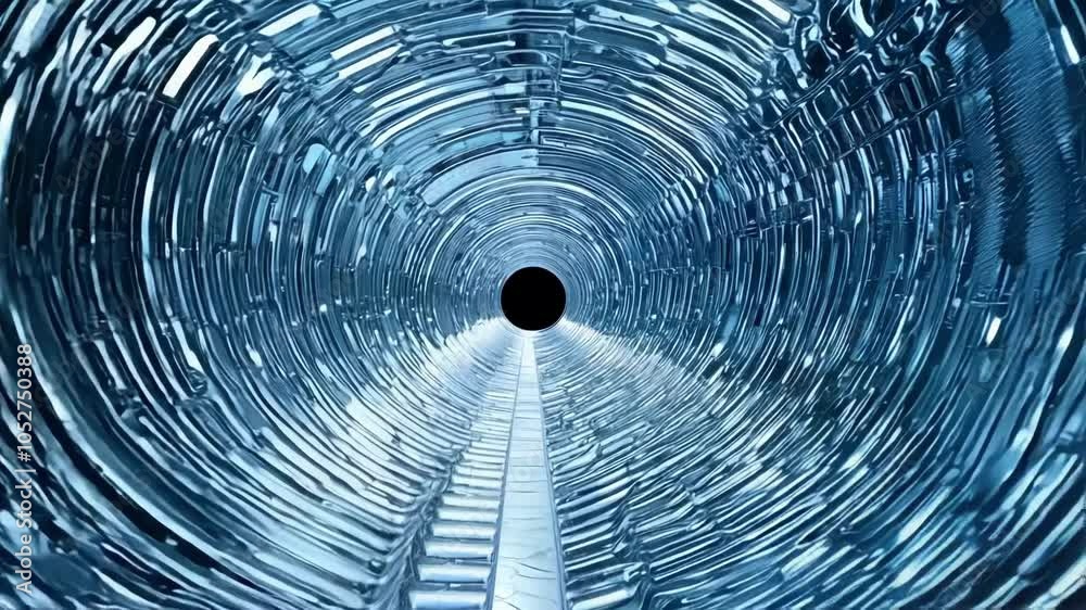 Poster camera moving through blue futuristic metallic tunnel with light at end. perfect for projects relate