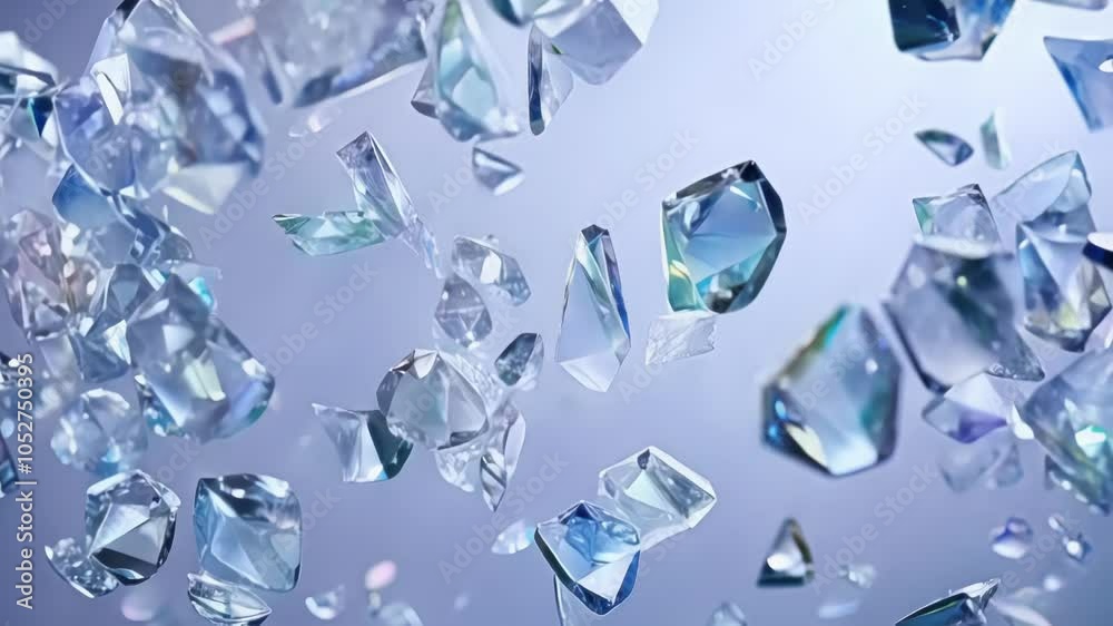 Poster crystal shards float against a blue background, reflecting light and creating a stunning, surreal ef