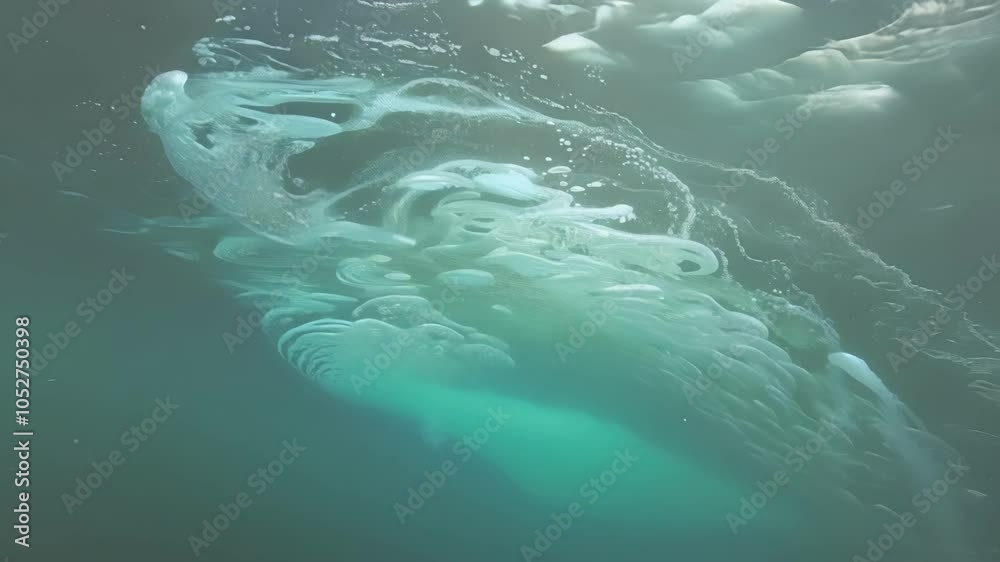 Poster turquoise color of water with ice formations below its surface. air is trapped as bubbles, creating 