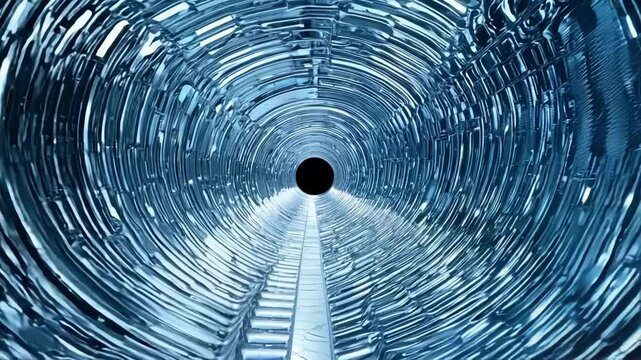 Camera moving through blue futuristic metallic tunnel with light at end. Perfect for projects related to technology, future, surreal, progress, etc