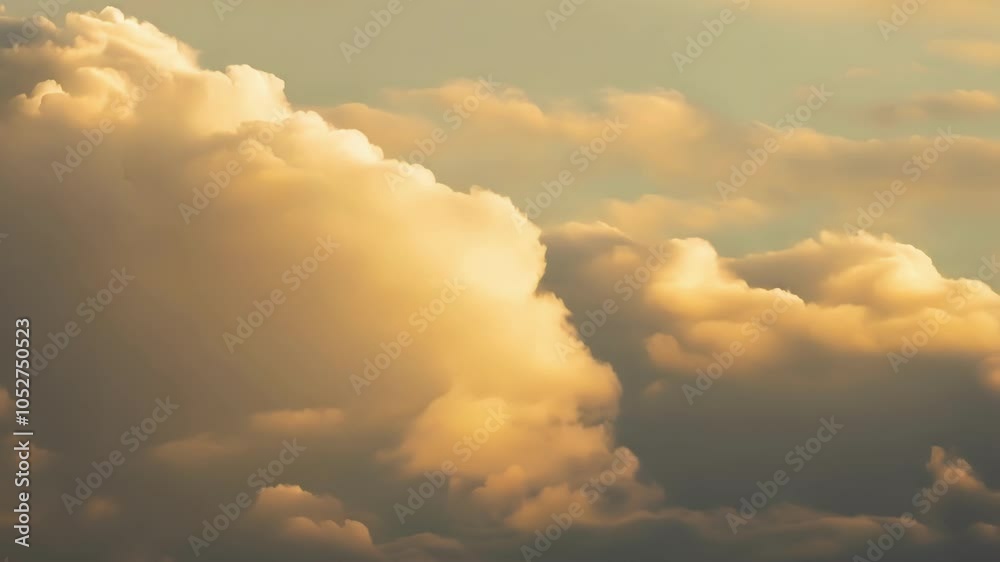 Poster surreal cloudscape features golden, puffy clouds transforming as they drift across the sky. the scen