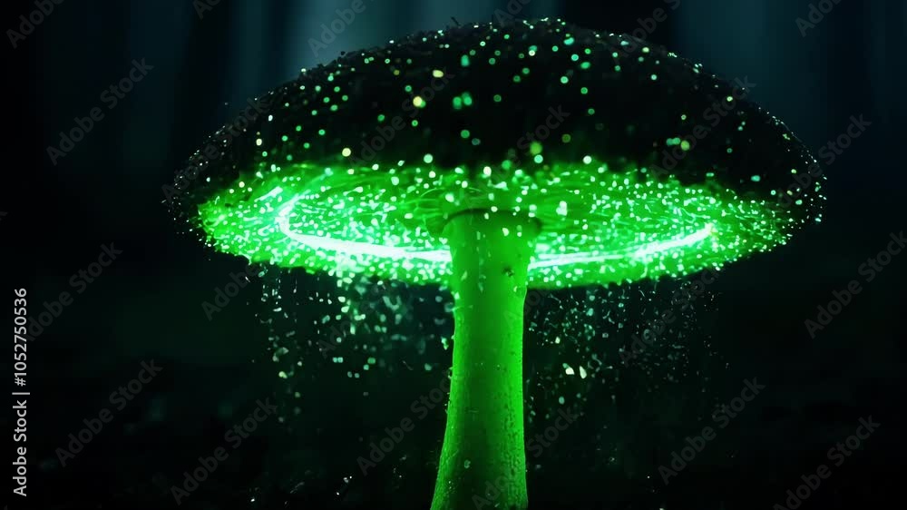 Aufkleber Surreal glowing mushroom releasing glowing particles in dark forest. The particles are slowly falling down from the mushroom cap
