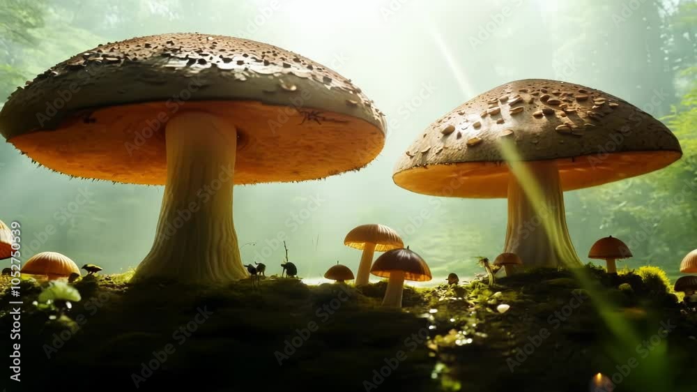 Poster sunbeams illuminate giant mushrooms in an enchanted forest. surreal and magical, this scene evokes a