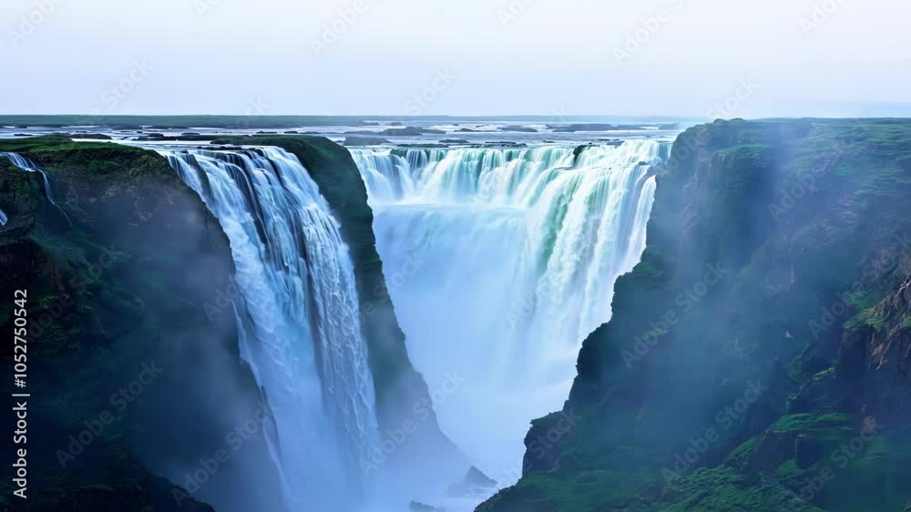 Poster powerful waterfalls cascade in slow motion, creating a mesmerizing scene. mist rises from the gorge,