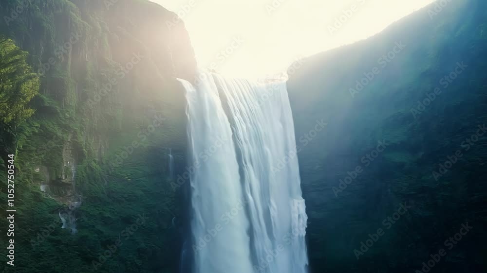 Poster mesmerizing waterfall cascades down a verdant cliffside as a radiant sunbeam bathes the scene in an 