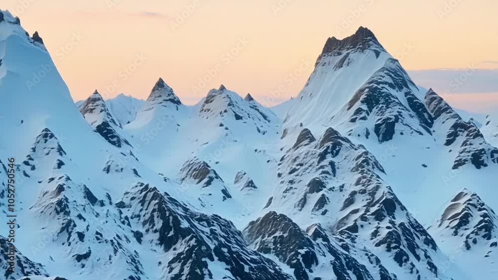 Aufkleber Mountain range shifts and transforms during a surreal sunset over snowy peaks, creating a captivating display of colors and textures in the sky and landscape