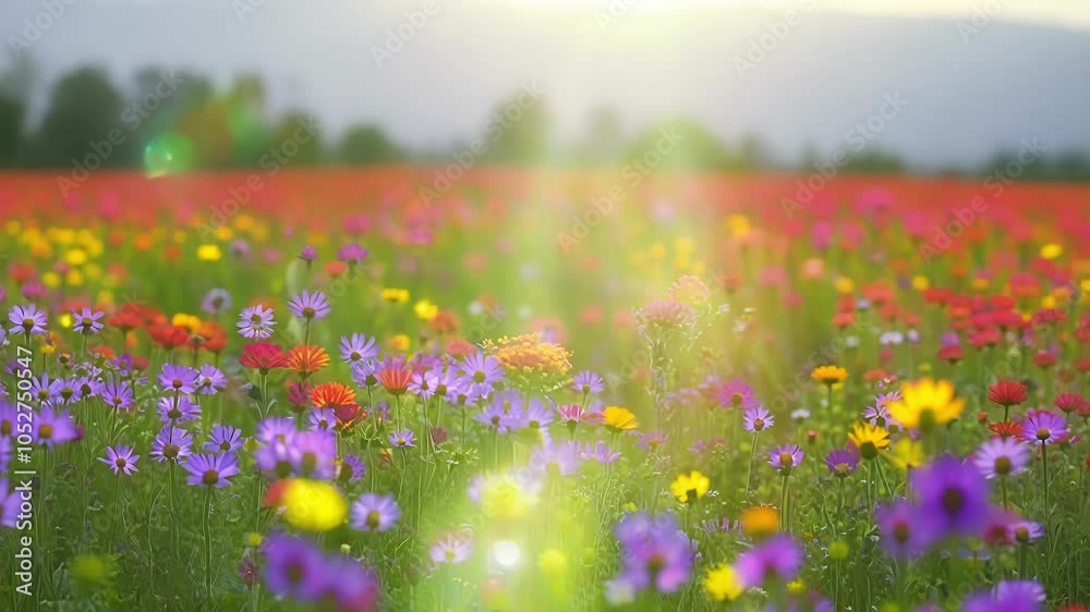 Poster Light rays are bursting through the clouds over a colorful field of flowers. This surreal view inspires peace and tranquility