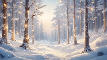 Fototapeta premium Snowy forest path with glowing lights at dawn