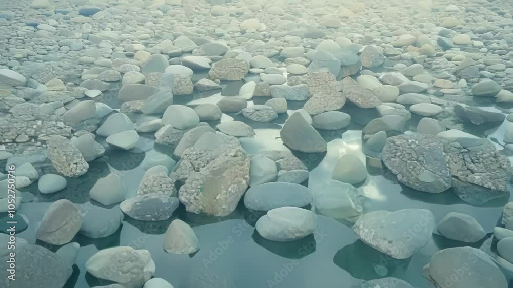 Poster water is slowly receding, revealing a riverbed with rocks of different sizes and shapes. the water r