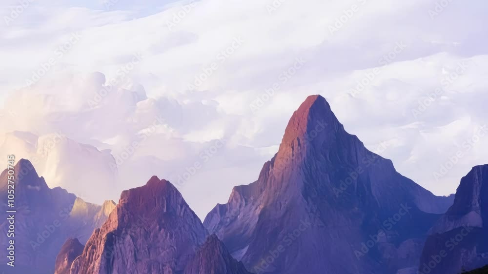 Poster surreal mountain range showcases a mesmerizing transformation of colors from sunrise to sunset, crea