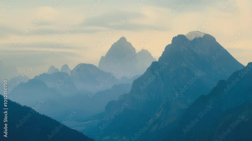 Aufkleber mountain range is slowly changing as fog passes through the peaks. the surreal landscape appears to 