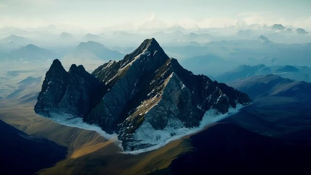 Majestic mountain peak, seemingly detached from the earth, hovers above a sea of clouds in this surreal and dreamlike landscape