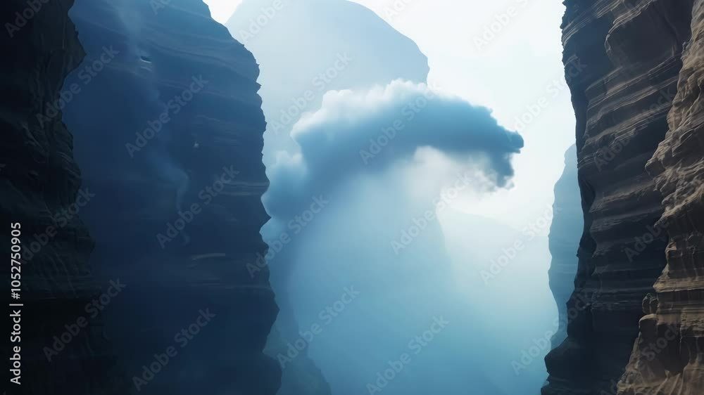 Aufkleber Surreal clouds transform shape in a narrow valley nestled between towering cliffs, creating an ethereal atmosphere that captivates with its unique and dreamlike qualities
